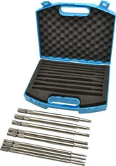 Made in USA - #0 to 1/2" Tap Extension Set - Tool Steel, 9" Overall Length, 9/16" Max Outside Diam, 0.255, 0.318, 0.323, 0.367, 0.381, (3) 0.194" Extension Shank Diam, 9 Piece Set - Exact Industrial Supply