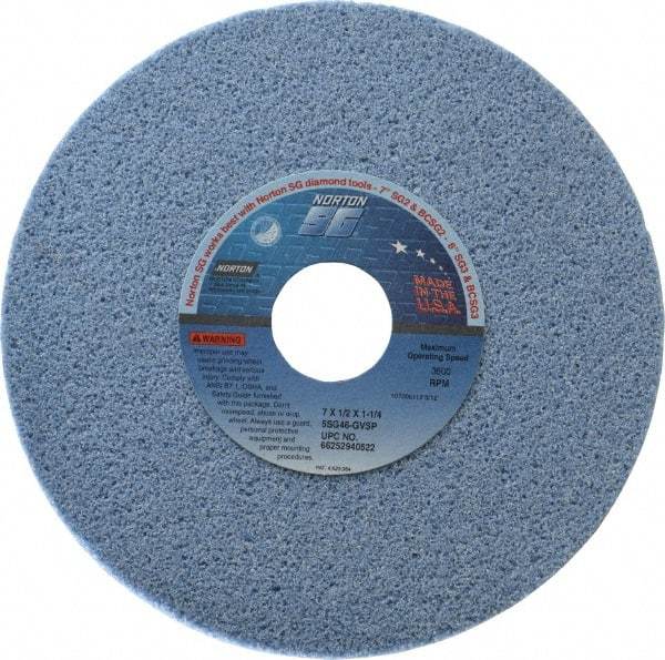 Norton - 7" Diam x 1-1/4" Hole x 1/2" Thick, G Hardness, 46 Grit Surface Grinding Wheel - Ceramic, Type 1, Coarse Grade, 3,600 Max RPM, Vitrified Bond, No Recess - Industrial Tool & Supply