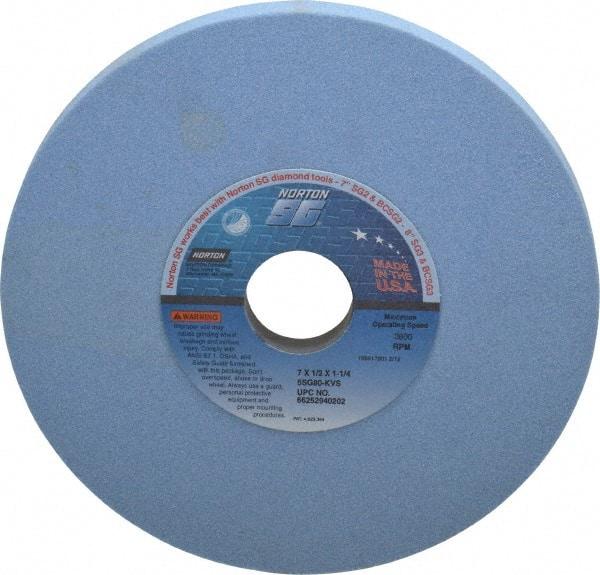 Norton - 7" Diam x 1-1/4" Hole x 1/2" Thick, K Hardness, 80 Grit Surface Grinding Wheel - Ceramic, Type 1, Medium Grade, 3,600 Max RPM, Vitrified Bond, No Recess - Industrial Tool & Supply