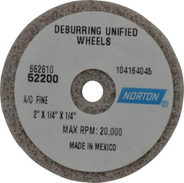 Norton - 2" Diam, 1/4" Face Width, 1/4" Center Hole, Very Fine Grade, Aluminum Oxide Deburring Wheel - Unitized, Medium Grade, 20,000 RPM - Industrial Tool & Supply