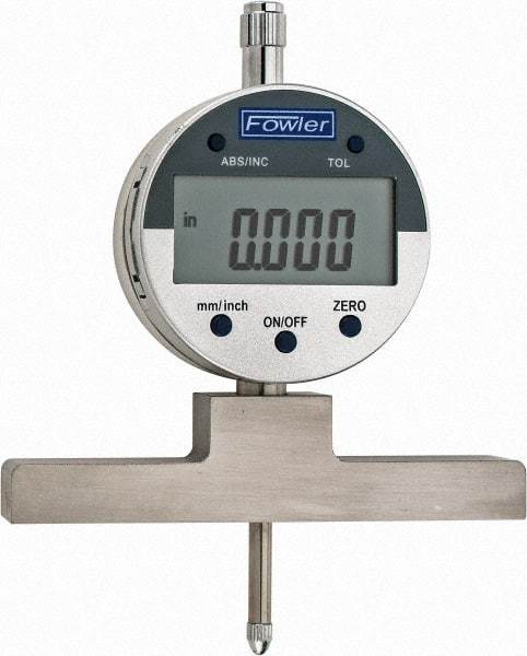 Fowler - 0" to 22" Alloy Steel Electronic Depth Gage - 0.0008" Accuracy, 0.01mm Resolution, 4" Base Length - Industrial Tool & Supply