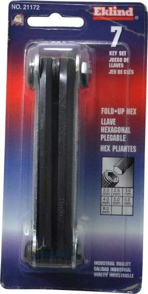 Eklind - 7 Piece Fold-Up Hex Key Set - Hex Range 2 to 8mm, Alloy Steel - Industrial Tool & Supply
