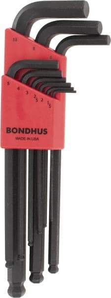 Bondhus - 9 Piece L-Key Ball End Hex Key Set - Hex Range 1.5 to 10mm - Industrial Tool & Supply