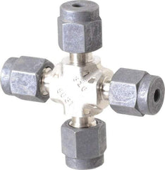 Parker - 1/8" OD, Stainless Steel Union Cross - 7/16" Hex, All Comp Ends - Industrial Tool & Supply