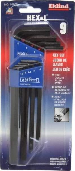 Eklind - 9 Piece L-Key Hex Key Set - Hex Range 1.5 to 10mm - Industrial Tool & Supply