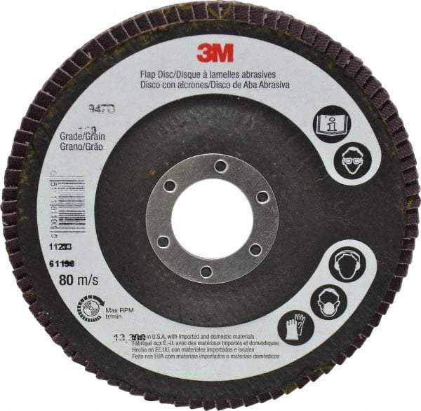 3M - 120 Grit, 4-1/2" Disc Diam, 7/8" Center Hole, Type 27 Ceramic Flap Disc - 13,300 Max RPM, Cloth Backing, Arbor Attaching System, Coated - Industrial Tool & Supply