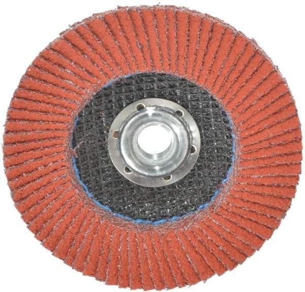 3M - 40 Grit, 4-1/2" Disc Diam, 5/8-11 Center Hole, Type 27 Ceramic Flap Disc - 13,300 Max RPM, Cloth Backing, Arbor Attaching System, Coated - Industrial Tool & Supply