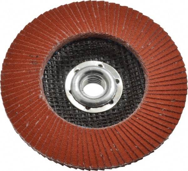 3M - 120 Grit, 4-1/2" Disc Diam, 5/8-11 Center Hole, Type 27 Ceramic Flap Disc - 13,300 Max RPM, Cloth Backing, Arbor Attaching System, Coated - Industrial Tool & Supply