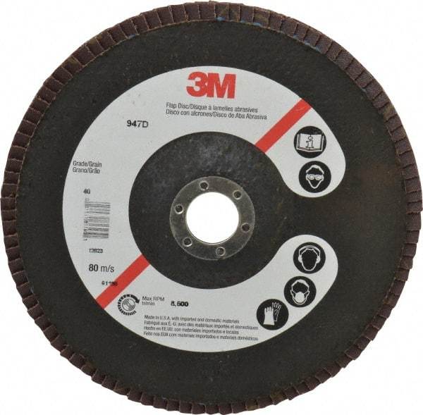 3M - 40 Grit, 7" Disc Diam, 7/8" Center Hole, Type 27 Ceramic Flap Disc - 8,600 Max RPM, Cloth Backing, Arbor Attaching System, Coated - Industrial Tool & Supply