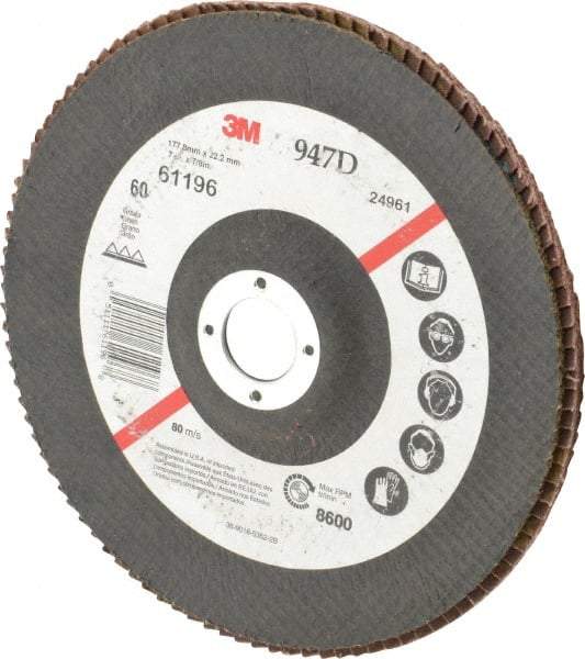 3M - 60 Grit, 7" Disc Diam, 7/8" Center Hole, Type 27 Ceramic Flap Disc - 8,600 Max RPM, Cloth Backing, Arbor Attaching System, Coated - Industrial Tool & Supply