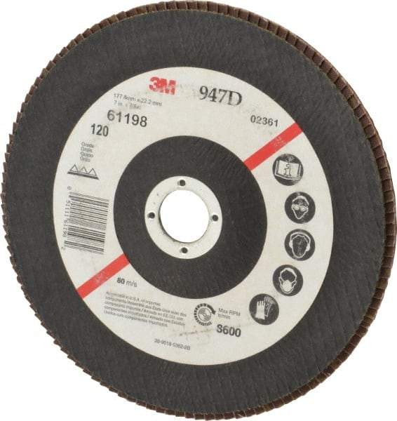 3M - 120 Grit, 7" Disc Diam, 7/8" Center Hole, Type 27 Ceramic Flap Disc - 8,600 Max RPM, Cloth Backing, Arbor Attaching System, Coated - Industrial Tool & Supply