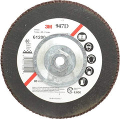 3M - 60 Grit, 7" Disc Diam, 5/8-11 Center Hole, Type 27 Ceramic Flap Disc - 8,600 Max RPM, Cloth Backing, Arbor Attaching System, Coated - Industrial Tool & Supply