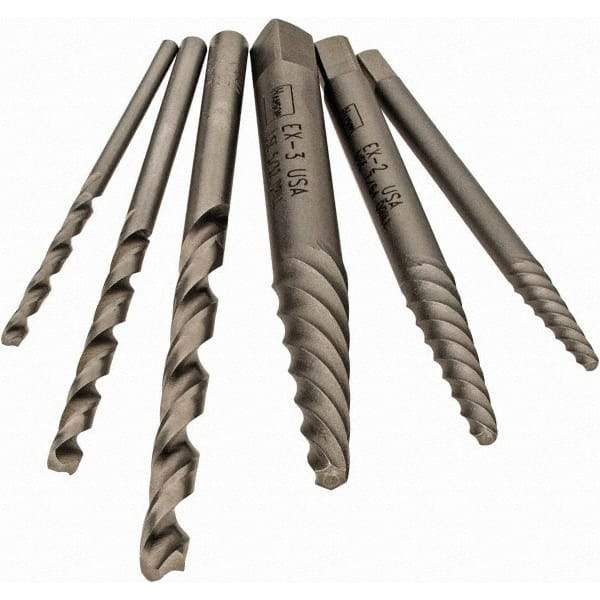 Irwin - 6 Piece Spiral Flute Screw Extractor Set - Screw Range 3/16 to 7/16" - Industrial Tool & Supply
