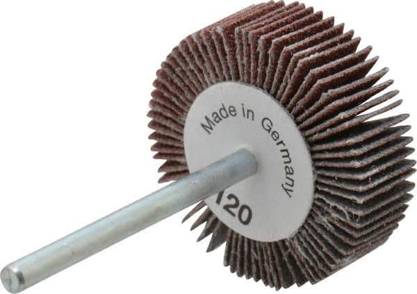 Value Collection - 1-3/16" Diam x 3/8" Face Width, Fine Aluminum Oxide Coated Mounted Flap Wheel - 1/8" Shank Mount, 120 Grit, X Weighted Cloth Backing, 30,000 Max RPM - Industrial Tool & Supply