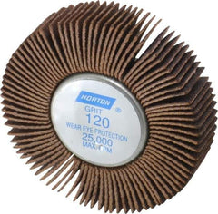 Norton - 2" Diam x 1/2" Face Width, Fine Aluminum Oxide Coated Mounted Flap Wheel - 1/4-20 Threaded Mount, 120 Grit, Cloth Backing, 23,000 Max RPM - Industrial Tool & Supply