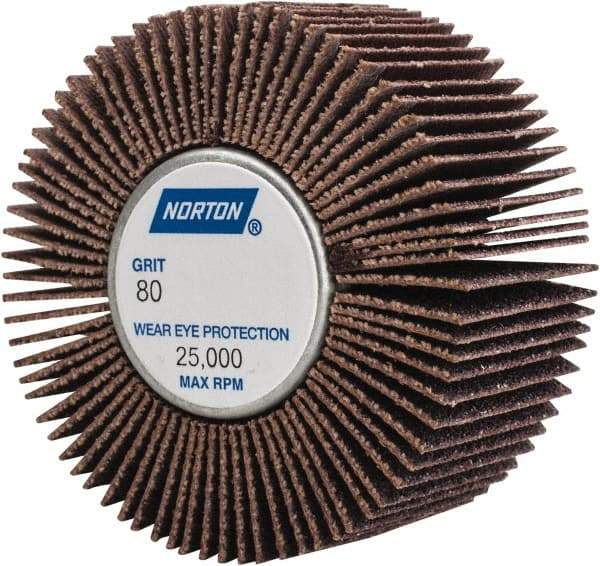 Norton - 2" Diam x 1" Face Width, Medium Aluminum Oxide Coated Mounted Flap Wheel - 1/4-20 Threaded Mount, 80 Grit, Cloth Backing, 23,000 Max RPM - Industrial Tool & Supply