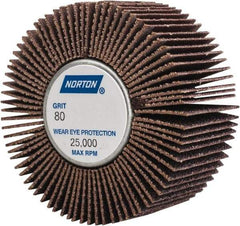 Norton - 2" Diam x 1" Face Width, Medium Aluminum Oxide Coated Mounted Flap Wheel - 1/4-20 Threaded Mount, 80 Grit, Cloth Backing, 23,000 Max RPM - Industrial Tool & Supply