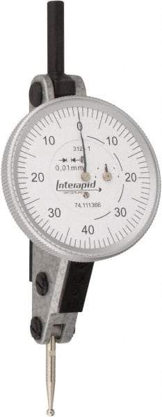 INTERAPID - 1.6 mm Range, 0.01 mm Dial Graduation, Horizontal Dial Test Indicator - 1-1/2 Inch White Dial, 0-40-0 Dial Reading - Industrial Tool & Supply