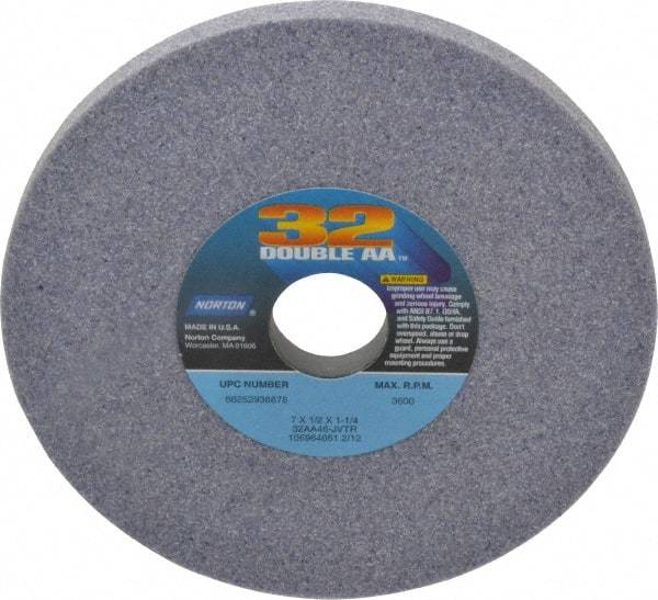 Norton - 7" Diam x 1-1/4" Hole x 1/2" Thick, J Hardness, 46 Grit Surface Grinding Wheel - Aluminum Oxide, Type 1, Coarse Grade, 3,600 Max RPM, Vitrified Bond, No Recess - Industrial Tool & Supply