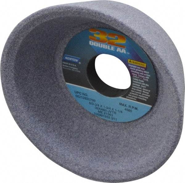 Norton - 5" Diam, 1-1/4" Hole Size, 1-3/4" Overall Thickness, 60 Grit, Type 11 Tool & Cutter Grinding Wheel - Medium Grade, Aluminum Oxide, K Hardness, Vitrified Bond, 4,585 RPM - Industrial Tool & Supply
