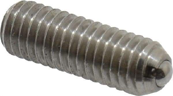 Vlier - 10-32, 0.094" Ball Diam, 0.57" Body Length, 0.025" Max Ball Reach, Threaded Ball Plunger - Stainless Steel Body, Stainless Steel Ball, 1.5 Lb Initial End Force, 3 Lb Final End Force - Industrial Tool & Supply