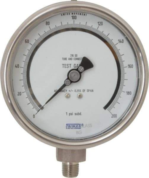 Wika - 4" Dial, 1/4 Thread, 0-200 Scale Range, Pressure Gauge - Lower Connection Mount, Accurate to 0.25% of Scale - Industrial Tool & Supply