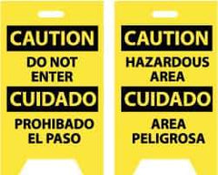 NMC - Caution - Do Not Enter, Caution - Hazardous Area, 12" Wide x 19" High, Plastic Floor Sign - English/Spanish, A-Frame, Black on Yellow, For Security & Admittance - Industrial Tool & Supply
