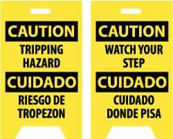 NMC - Caution - Tripping Hazard, Caution - Watch Your Step, 12" Wide x 19" High, Plastic Floor Sign - English/Spanish, A-Frame, Black on Yellow, For Accident Prevention - Industrial Tool & Supply