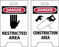 NMC - Danger - Restricted Area, Danger - Construction Area, 12" Wide x 19" High, Plastic Floor Sign - A-Frame, Red & Black on White, For Security & Admittance - Industrial Tool & Supply