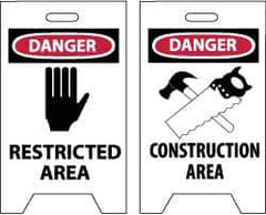 NMC - Danger - Restricted Area, Danger - Construction Area, 12" Wide x 19" High, Plastic Floor Sign - A-Frame, Red & Black on White, For Security & Admittance - Industrial Tool & Supply