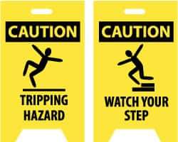 NMC - Caution - Tripping Hazard, Caution - Watch Your Step, 12" Wide x 19" High, Plastic Floor Sign - A-Frame, Black on Yellow, For Accident Prevention - Industrial Tool & Supply