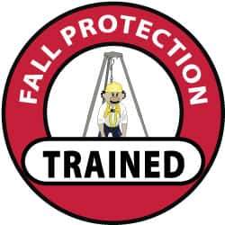 NMC - Fall Protection Trained, Hard Hat Label - Black, Red & Yellow on White, 2" Thick, For Accident Prevention - Industrial Tool & Supply