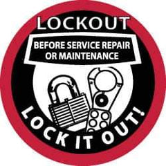 NMC - Lockout Before Service Repair or Maintenance - Lock It Out, Hard Hat Label - Black & Red on White, 2" Thick, For Accident Prevention - Industrial Tool & Supply
