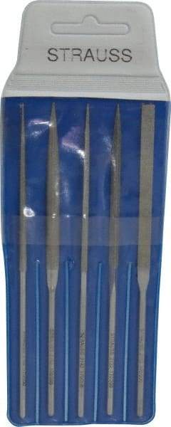 Strauss - 5 Piece Diamond Pattern File Set - 5-1/2" Long, Fine Coarseness, Round Handle, Set Includes Equalling, Half Round, Round, Square, Three Square - Industrial Tool & Supply