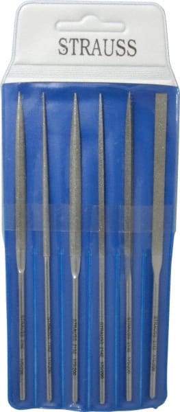 Strauss - 6 Piece Diamond Pattern File Set - 5-1/2" Long, Fine Coarseness, Round Handle, Set Includes Crossing, Equalling, Half Round, Round, Square, Three Square - Industrial Tool & Supply