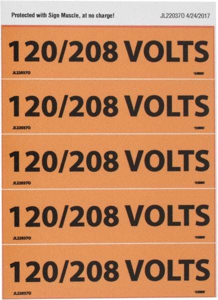 NMC - Electrical Markers Label - Legend: 120/208 Volts, English, Black & Orange, 4-1/2" Long x 1-1/8" High, Sign Muscle Finish - Industrial Tool & Supply