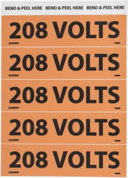 NMC - Electrical Markers Label - Legend: 208 Volts, English, Black & Orange, 4-1/2" Long x 1-1/8" High, Sign Muscle Finish - Industrial Tool & Supply