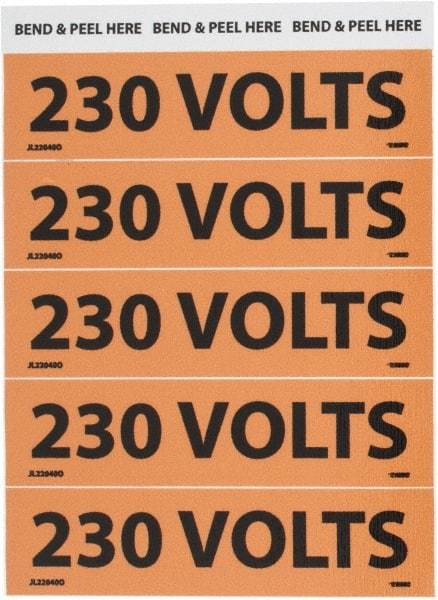 NMC - Electrical Markers Label - Legend: 230 Volts, English, Black & Orange, 4-1/2" Long x 1-1/8" High, Sign Muscle Finish - Industrial Tool & Supply