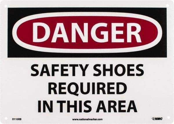 NMC - "Danger - Safety Shoes Required in This Area", 10" Long x 14" Wide, Rigid Plastic Safety Sign - Rectangle, 0.05" Thick, Use for Accident Prevention - Industrial Tool & Supply