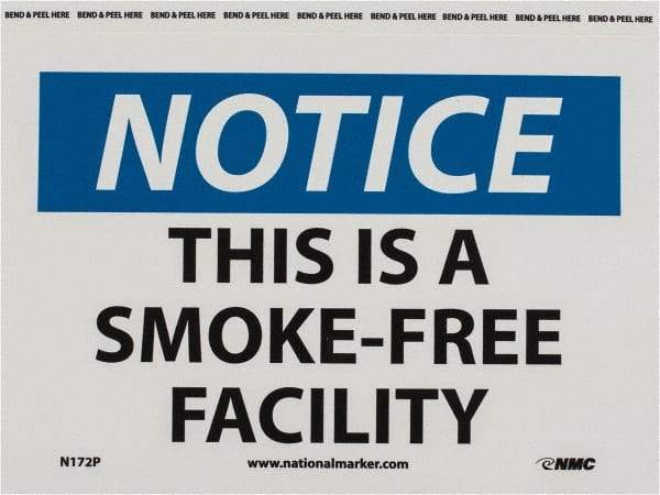 NMC - "Notice - This Is a Smoke-Free Facility", 7" Long x 10" Wide, Pressure-Sensitive Vinyl Safety Sign - Rectangle, 0.004" Thick, Use for Accident Prevention - Industrial Tool & Supply