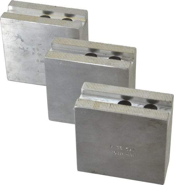 H & R Manufacturing - 8" Chuck Capacity, 1.5mm x 60° Serrated Attachment, Square Soft Lathe Chuck Jaw - 3 Jaws, Aluminum, 1" Btw Mount Hole Ctrs, 3-1/2" Long x 1-1/2" Wide x 3-1/2" High, 0.551" Groove, 12mm Fastener - Industrial Tool & Supply