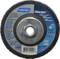 Norton - 36 Grit, 4-1/2" Disc Diam, 5/8-11 Center Hole, Type 29 Zirconia Alumina Flap Disc - 13,000 Max RPM, Fiberglass Backing, Arbor Attaching System, Coated - Industrial Tool & Supply