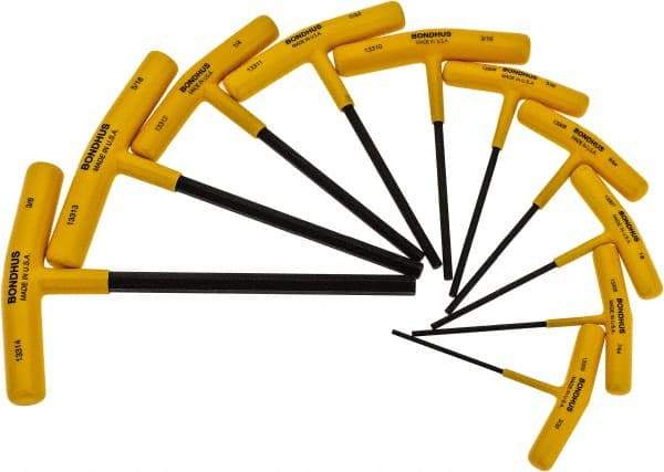 Bondhus - 10 Piece T-Handle Hex Key Set - Hex Range 3/32 to 3/8", Protanium High Torque Steel - Industrial Tool & Supply
