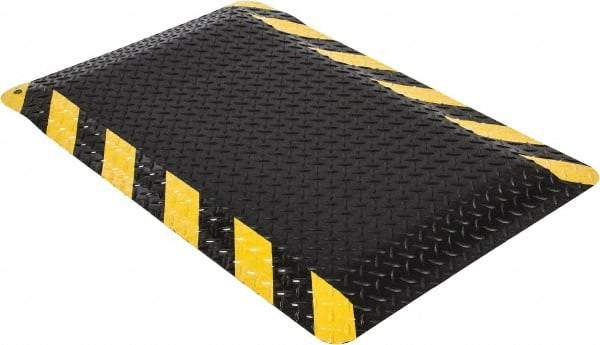 Wearwell - 3' Long x 2' Wide, Dry Environment, Anti-Fatigue Matting - Black with Yellow Chevron Borders, Vinyl with Nitrile Blend Base, Beveled on 4 Sides - Industrial Tool & Supply