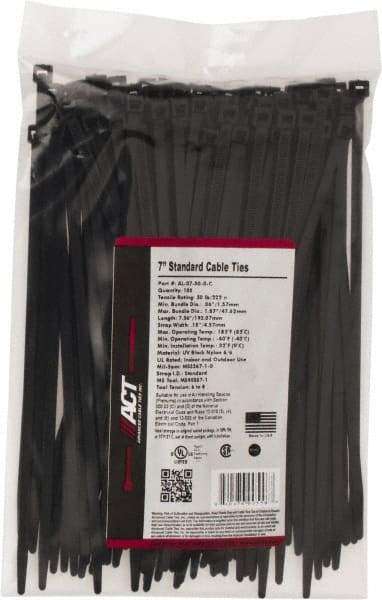 Made in USA - 7.562" Long Black Nylon Standard Cable Tie - 50 Lb Tensile Strength, 1.32mm Thick, 47.63mm Max Bundle Diam - Industrial Tool & Supply