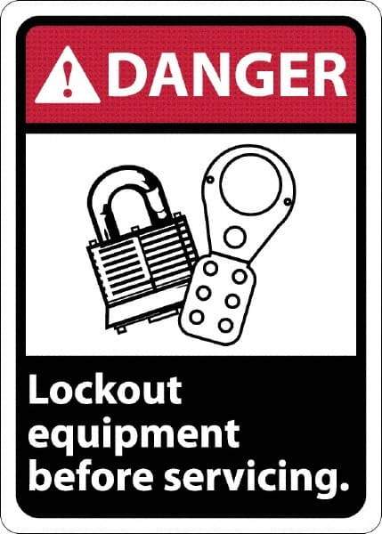 NMC - "Danger - Lock Out Equipment Before Servicing", 10" Long x 7" Wide, Rigid Plastic Safety Sign - Rectangle, 0.05" Thick, Use for Accident Prevention - Industrial Tool & Supply