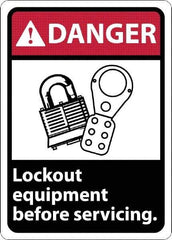 NMC - "Danger - Lock Out Equipment Before Servicing", 10" Long x 7" Wide, Rigid Plastic Safety Sign - Rectangle, 0.05" Thick, Use for Accident Prevention - Industrial Tool & Supply