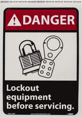 NMC - "Danger - Lock Out Equipment Before Servicing", 14" Long x 10" Wide, Pressure-Sensitive Vinyl Safety Sign - Rectangle, 0.004" Thick, Use for Accident Prevention - Industrial Tool & Supply