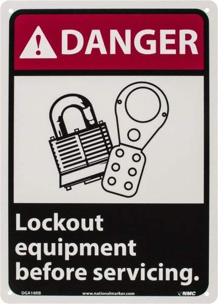 NMC - "Danger - Lock Out Equipment Before Servicing", 14" Long x 10" Wide, Rigid Plastic Safety Sign - Rectangle, 0.05" Thick, Use for Accident Prevention - Industrial Tool & Supply