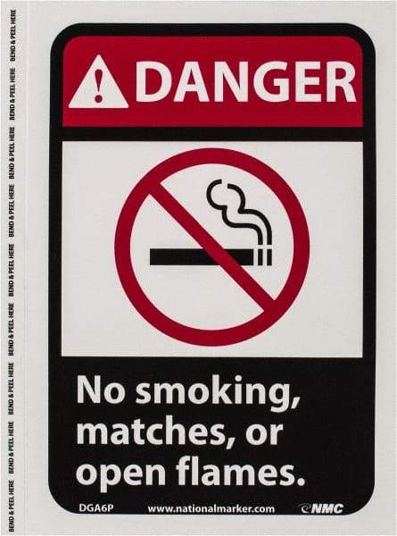 NMC - "Danger - No Smoking, Matches or Open Flames", 10" Long x 7" Wide, Pressure-Sensitive Vinyl Safety Sign - Rectangle, 0.004" Thick, Use for Accident Prevention - Industrial Tool & Supply